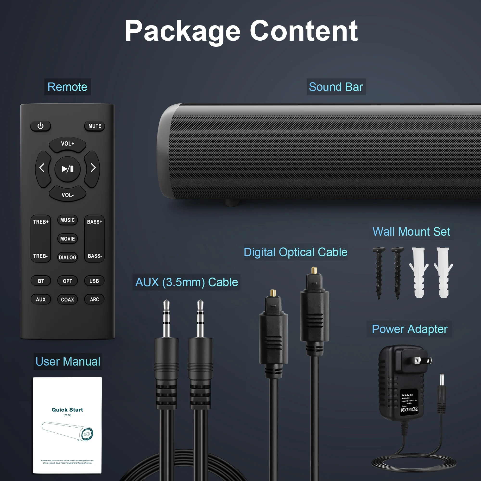 Sound Bar for TV, Bluetooth 5.0/HDMI-ARC/Optical/AUX/Coaxial/USB Wired & Wireless Connection Soundbar, Surround Sound System Smart TV Sound Bar with Built-in Subwoofers, Remote Control - Image 9