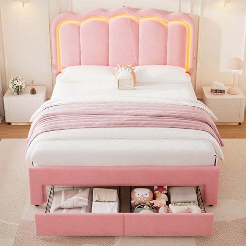 Twin Upholstered LED Bed Frame with Storage Drawer and Adjustable Chic Double Wavy Headboard, Velvet Princess Platform Bed for Kids/Girls, Solid Wood Slats Support, No Box Spring Needed, Beige - Image 26