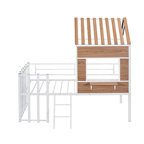 Harper & Bright Designs Kids House Beds Low Loft Bed Frame with Roof, Window, Guardrail and Ladder, Metal Twin Size Loft Bed for Kids Teens Girls Boys (Twin, White) - Image 17