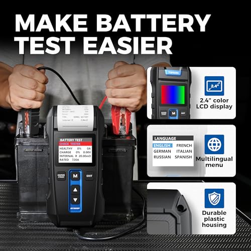 Car Battery Tester 12V 24V 100-2000CCA Lead-Acid Battery, TOPDON BT300P Alternator Tester, Load Tester, with Built-in Printer, Spark Free Metal Clamps, Automatic Reverse Polarity Protection - Image 4