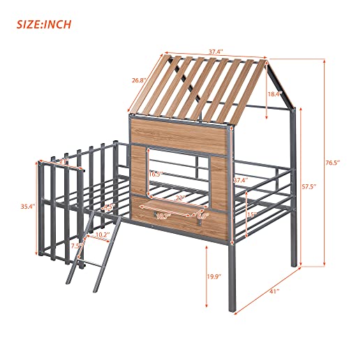 Harper & Bright Designs Kids House Beds Low Loft Bed Frame with Roof, Window, Guardrail and Ladder, Metal Twin Size Loft Bed for Kids Teens Girls Boys (Twin, White) - Image 20