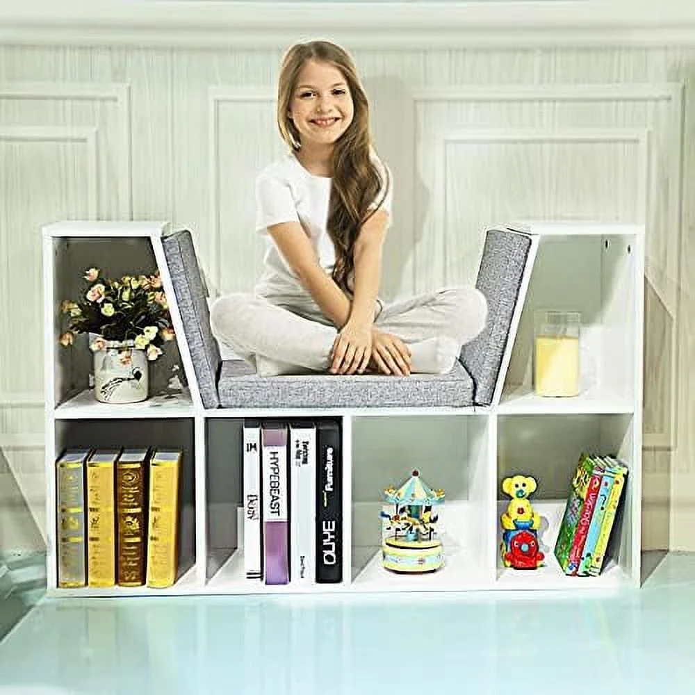 HJZBNONE 6-Cubby Bookcase w/Cushioned Reading Nook Multi Purpose Organizer Cabinet with Soft Cushion and Thick Wood Board for Children Girls & Boys Bedroom Decor Room (Modern Whit - Image 6