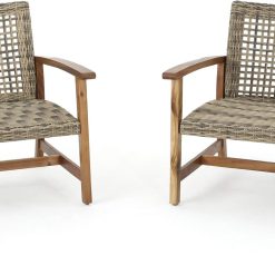 Christopher Knight Home Hampton Outdoor Mid-Century Wicker Club Chairs with Acacia Wood Frame, 2-Pcs Set, Natural Stained / Grey