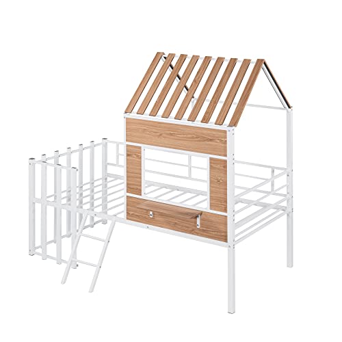 Harper & Bright Designs Kids House Beds Low Loft Bed Frame with Roof, Window, Guardrail and Ladder, Metal Twin Size Loft Bed for Kids Teens Girls Boys (Twin, White) - Image 19