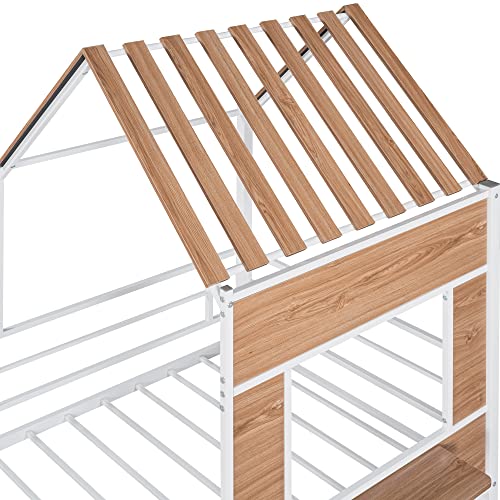 Harper & Bright Designs Kids House Beds Low Loft Bed Frame with Roof, Window, Guardrail and Ladder, Metal Twin Size Loft Bed for Kids Teens Girls Boys (Twin, White) - Image 14