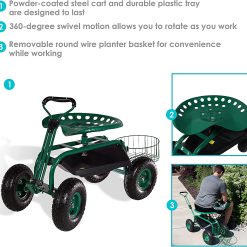 Alternative view of Sunnydaze Garden Cart Rolling Scooter with Extendable Steer Handle?? Swivel Seat and Utility Tool Tray?? Green