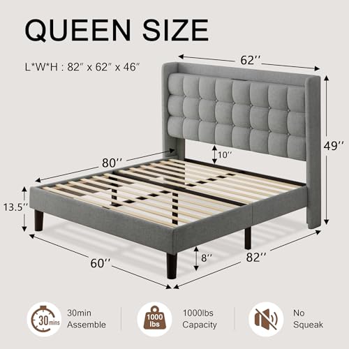 Queen Bed Frame, Upholstered Platform Bed with Charging Station, Modern Wingback Storage Headboard, Solid Wood Slats Support, No Box Spring Needed, Dark Gray - Image 24